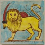 hand-painted-pottery-glazed-ceramic-tile-depicting-traditional-lion-sun-shirokhorshid Tile from Qajar era