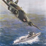 The Downfall of the Dictators is Assured. A British Lockheed Hudson patrol bomber aircraft flying over a surfaced German submarine. © IWM (Art.IWM PST 14985) - دیکتاتورها شکست خواهند خورد