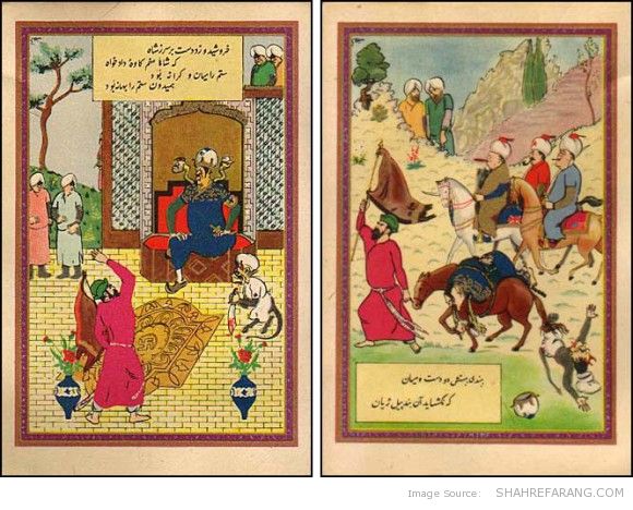 Left: Kavah waves his leather flag before Hitler. Kavah represents the spirit of revolt, and his flag represents the triumph of good over evil. The tree is now in full leaf. Right: Kavah, holding aloft his flag, leads a weary horse bearing a bound and crownless Hitler, while the three-horsed saviors ride alongside. Images no. 5 and no. 6 from the collection of Zahak